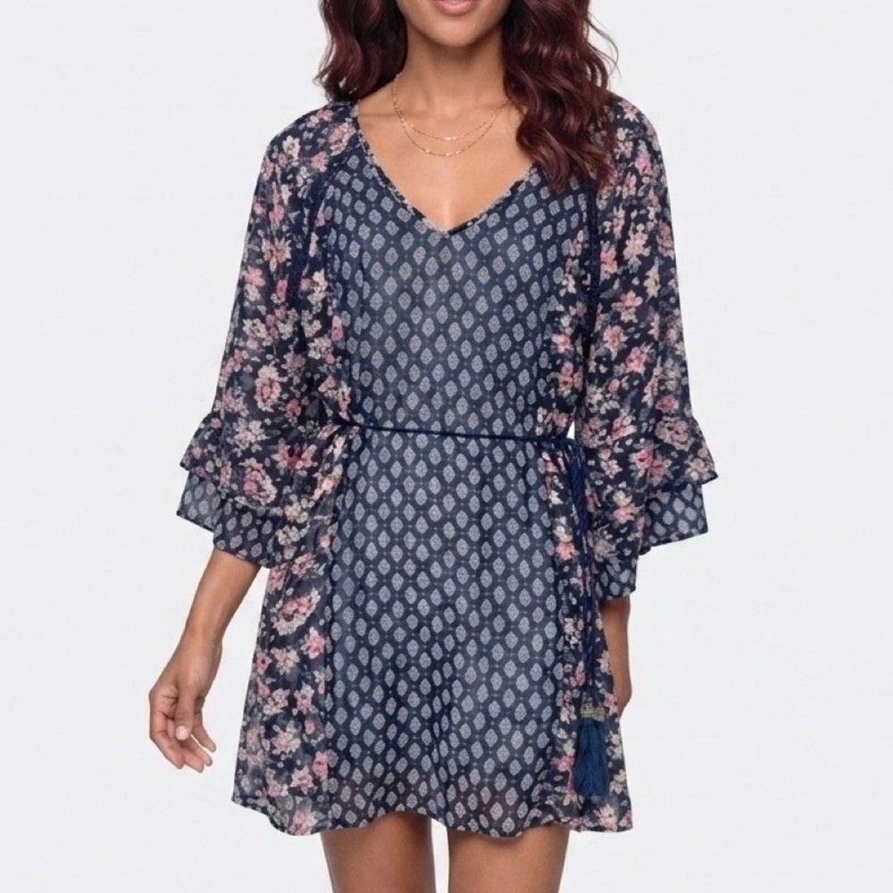jessica simpson maternity tunic women‎ small blue floral bell sleeve boho blouse